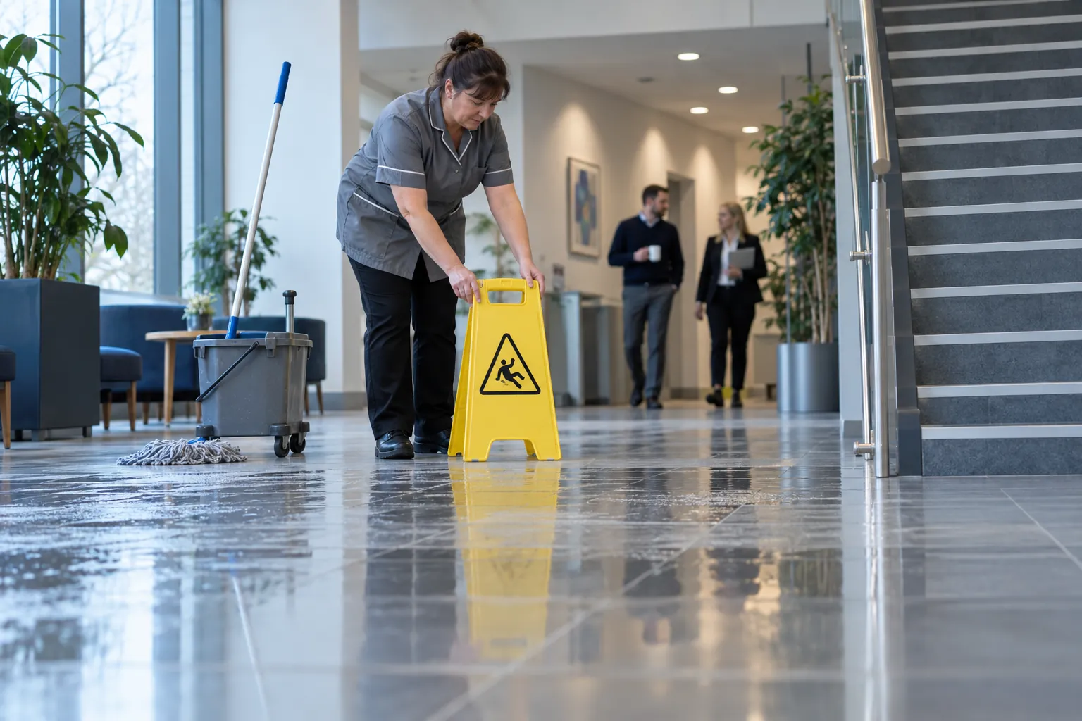 A cleaner placing a yellow wet floor sign on a tiled corridor near the foot of a staircase.