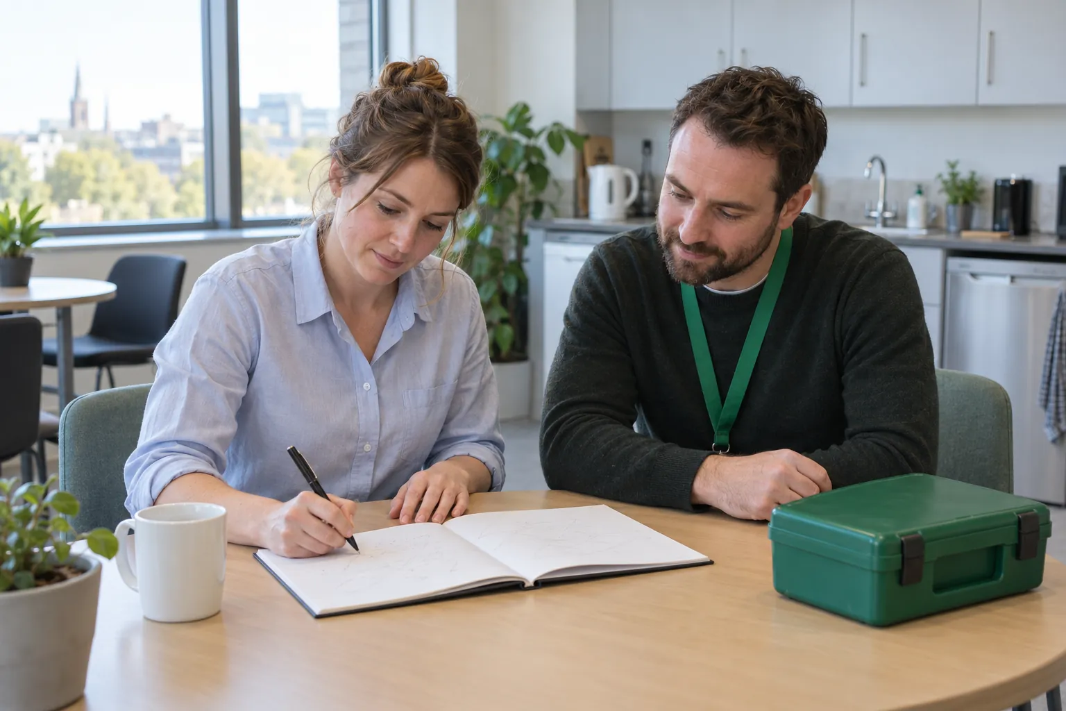 Two colleagues at a staff room table, one writing in an open book while the other looks on.