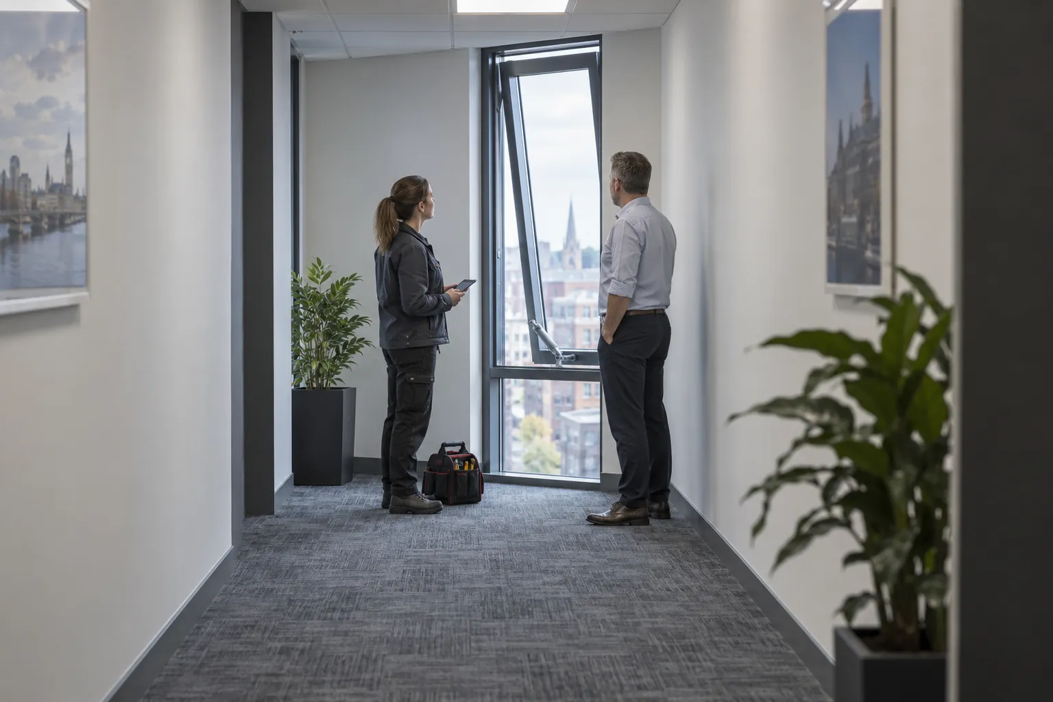 A smoke control engineer and a site manager watching a window vent tilted open at the end of an office corridor.