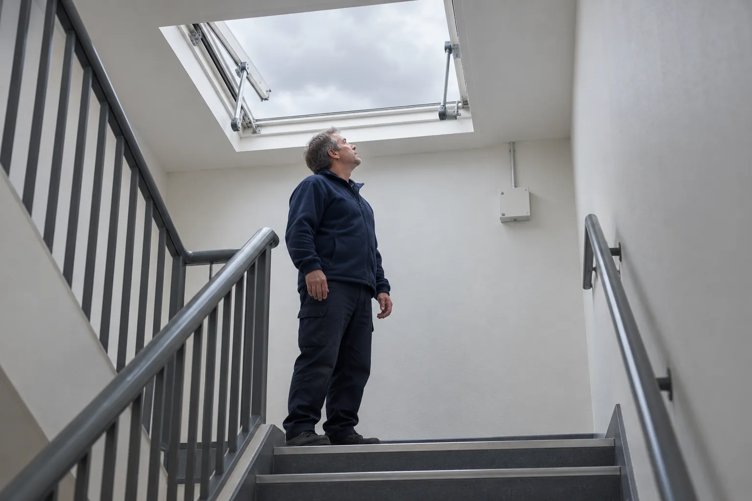 A caretaker on the top landing of a stairwell looking up at an open smoke vent in the ceiling.