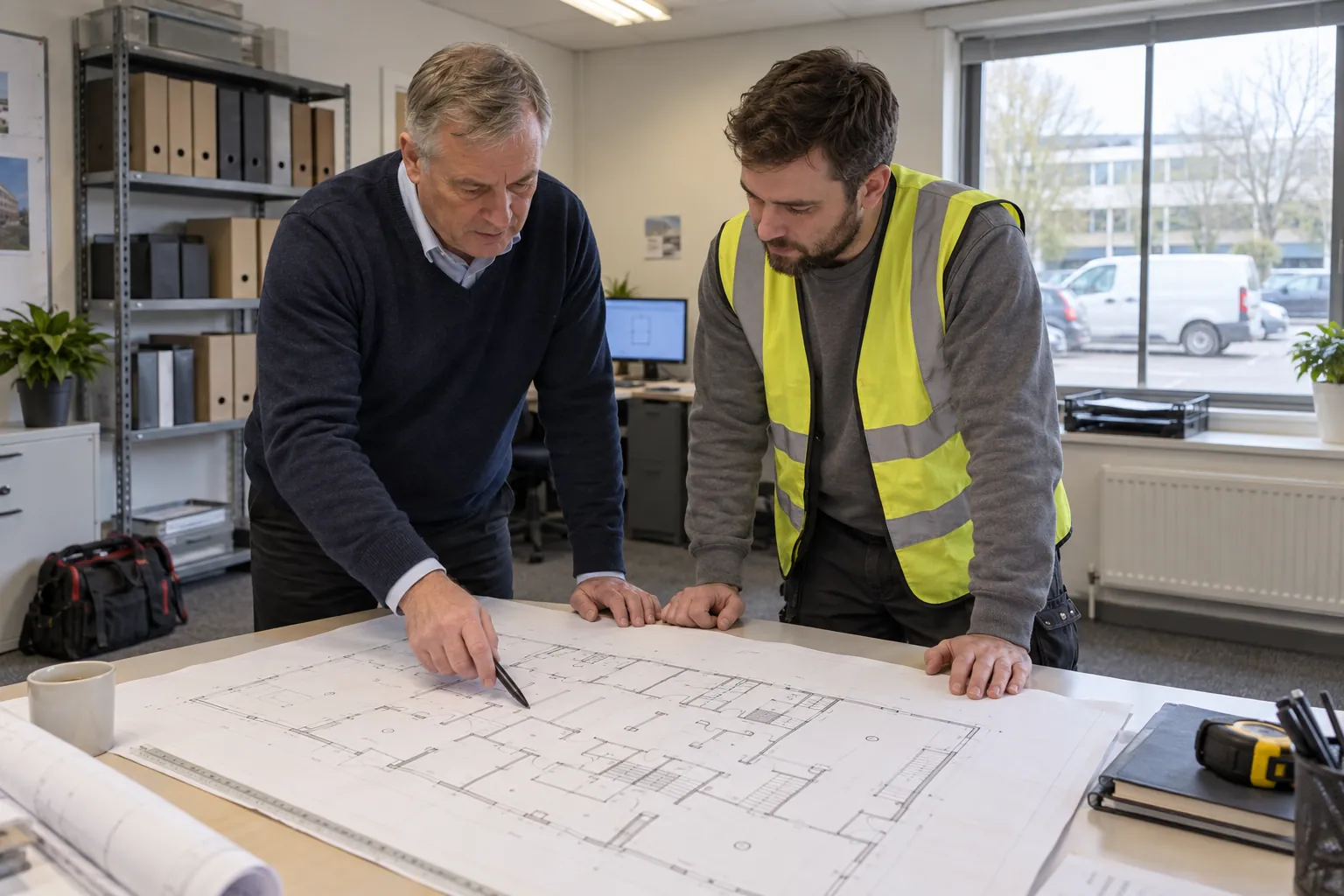 A facilities manager pointing to a room on a floor plan as an electrician looks on, in a building works office.