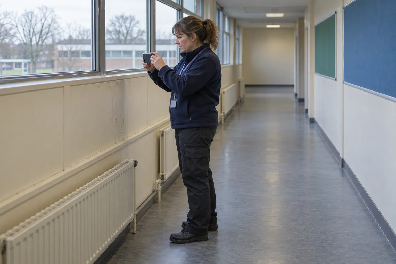 An estates officer photographing a painted wall panel in an empty school corridor to check its condition.