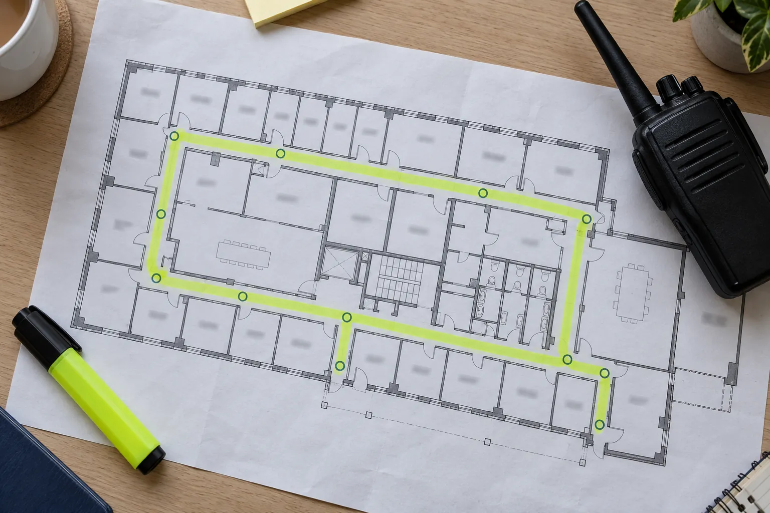 A floor plan with a patrol route marked in highlighter on a desk.