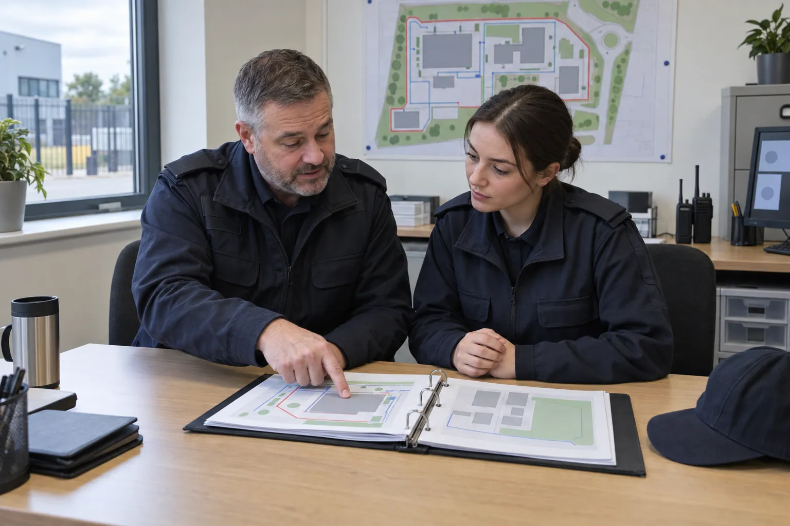 A security supervisor briefing a new officer at a table in a site office.