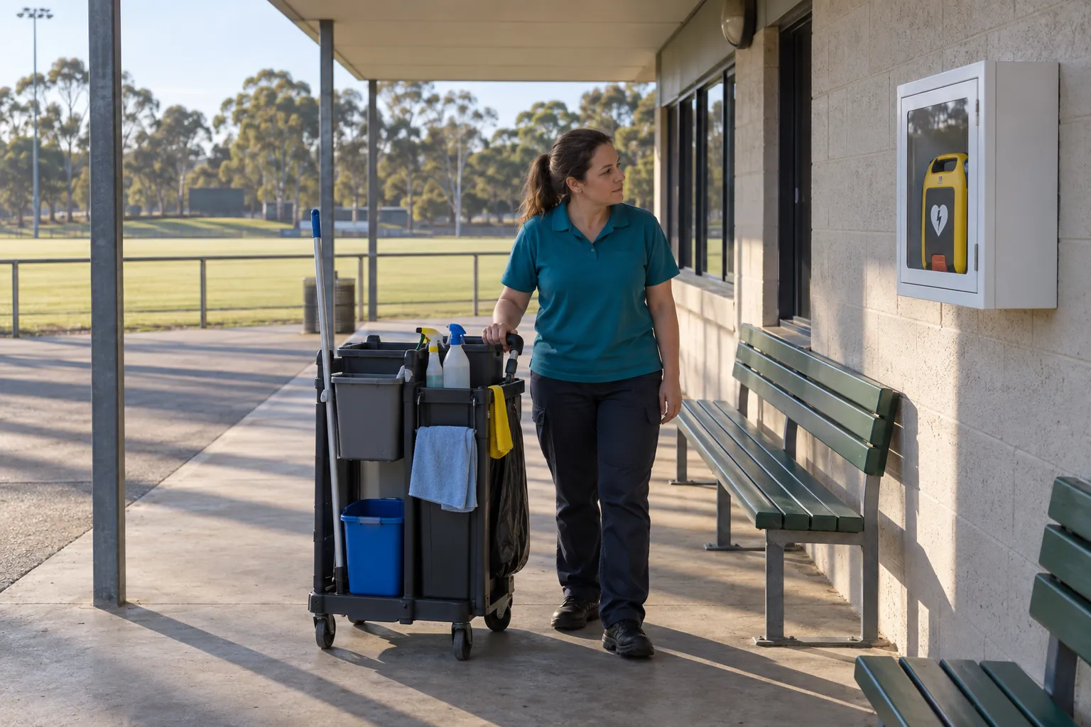 A cleaner with a trolley stopping to look at an outdoor defibrillator cabinet on the wall of a sports ground pavilion in early morning light.
