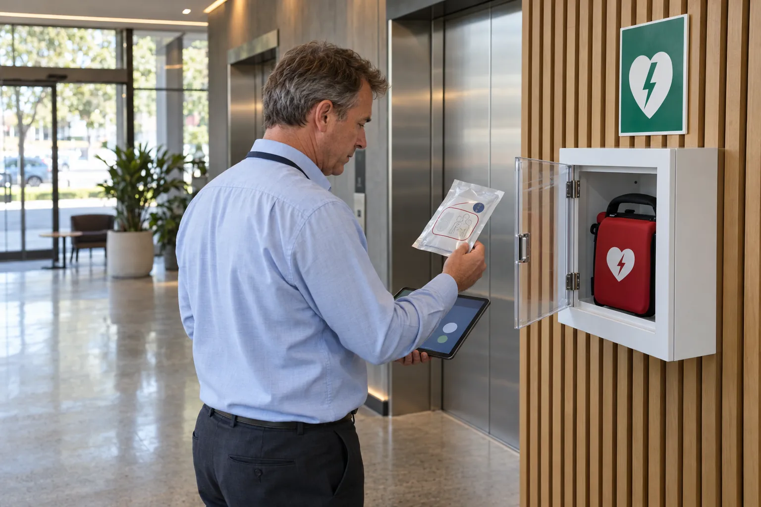 A building manager at an open wall-mounted defibrillator cabinet beside the lifts in an office lobby, checking the date on a sealed pad packet.