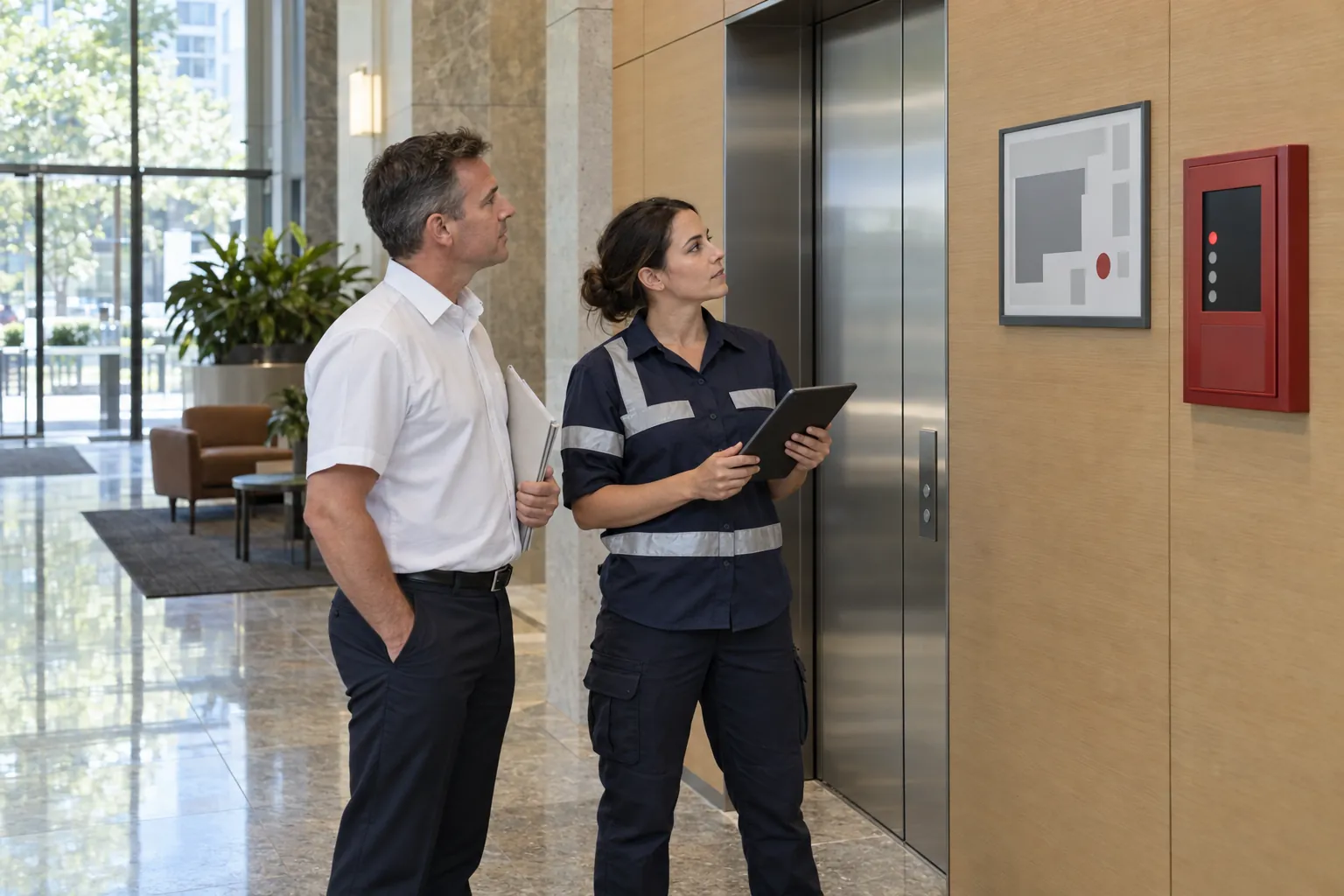 A building manager and a fire safety practitioner in an office lobby, looking at a framed notice beside a fire indicator panel.