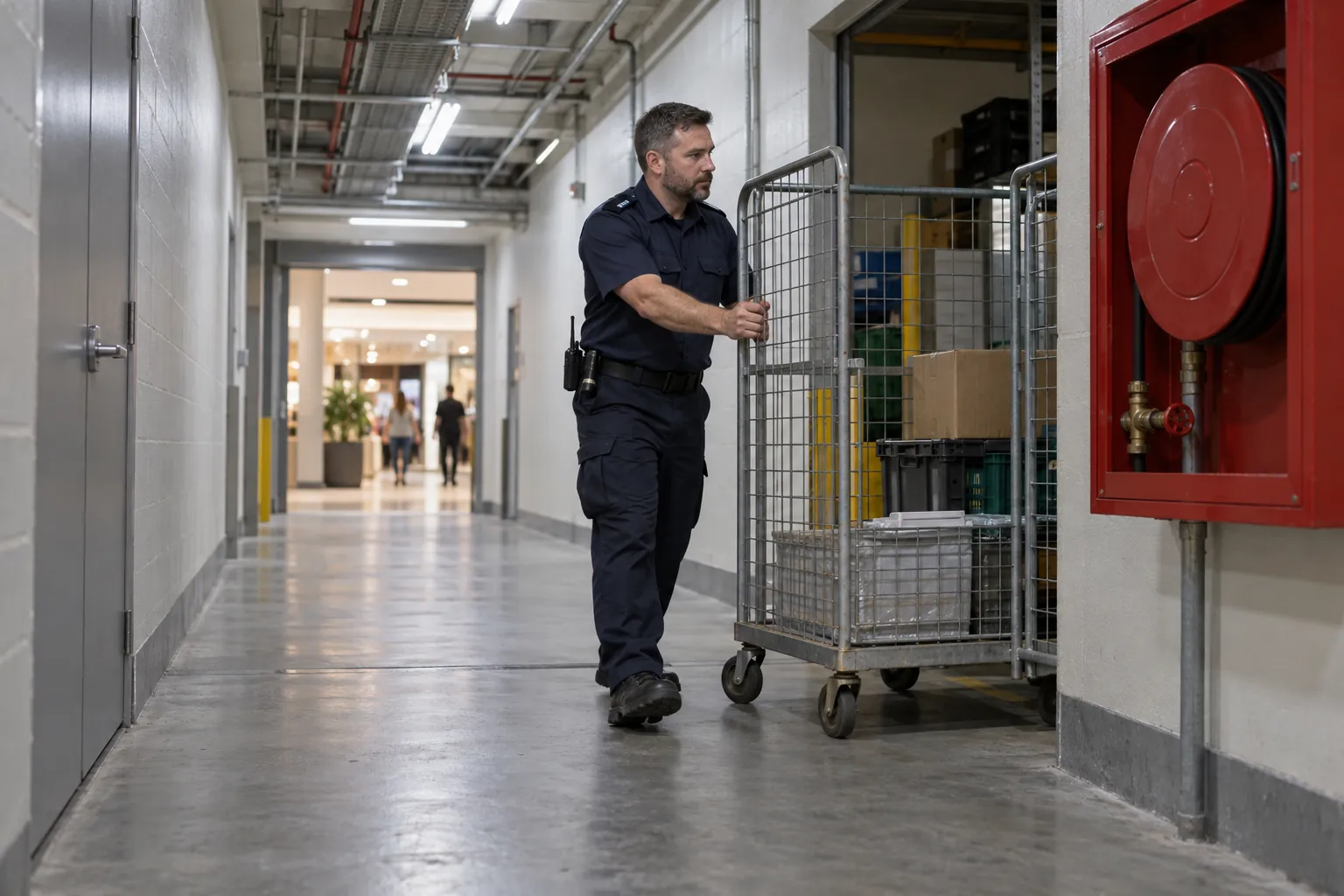 A security officer wheeling a stray trolley out of a shopping centre service corridor to keep the exit route clear.