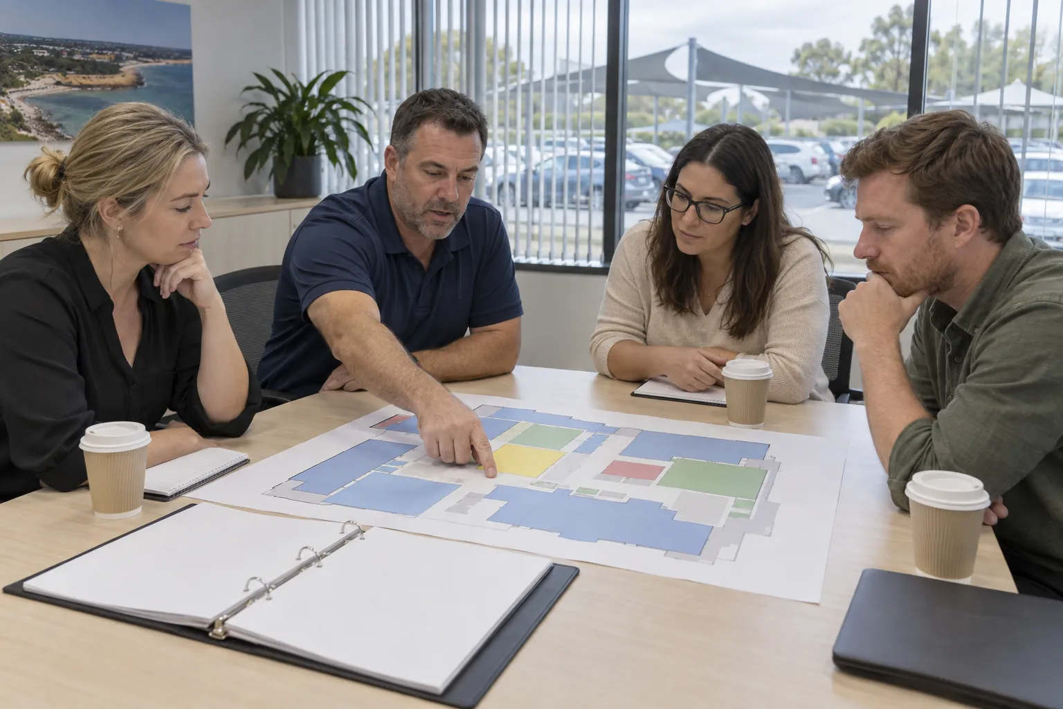A building manager and three tenant representatives around a meeting table, one pointing at a printed floor plan beside an open binder.