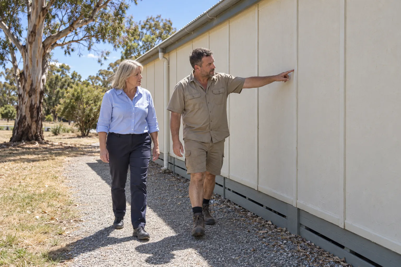A maintenance supervisor and a facilities manager walking beside the fibro-clad wall of an old community hall, looking at the cladding.