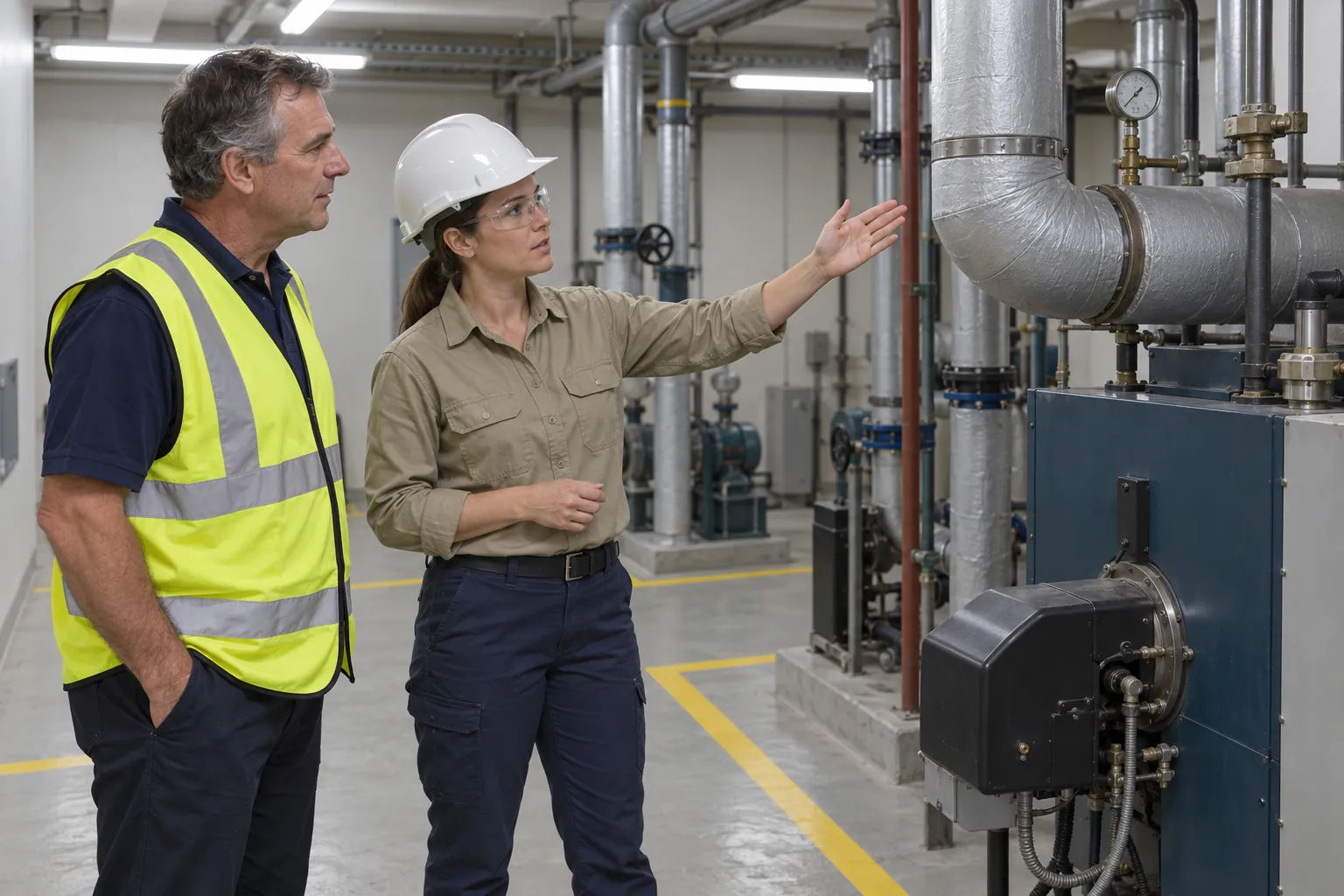 A building manager and a consultant in a hard hat looking at insulated pipework and a boiler in a basement plant room.