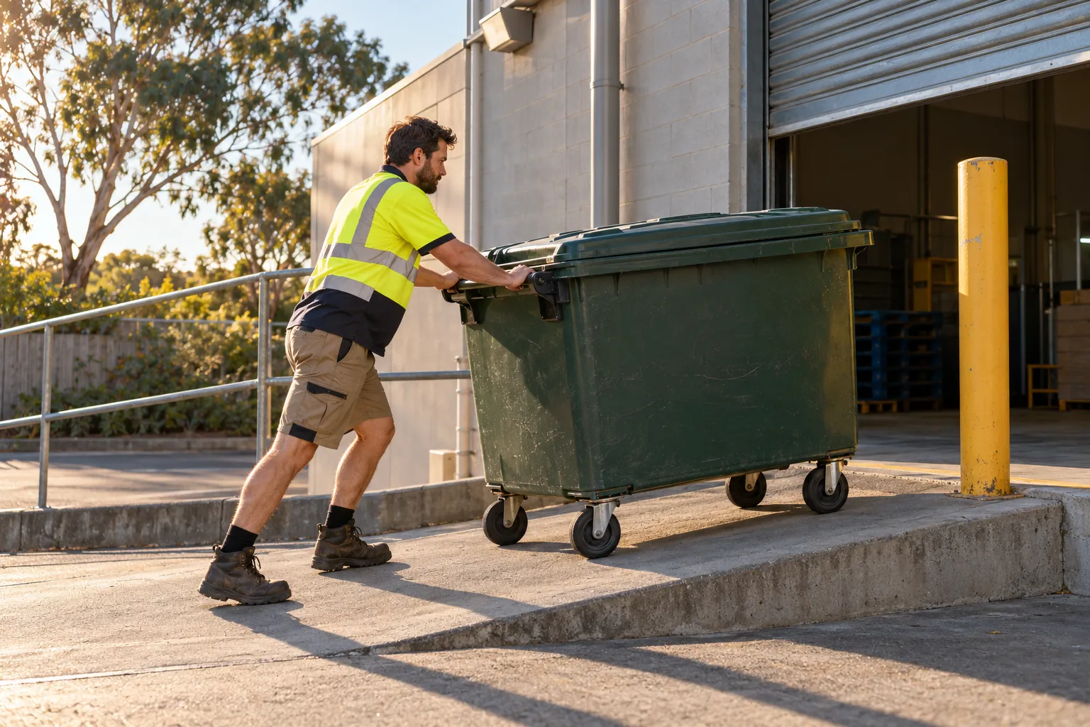 A caretaker in hi-vis pushing an empty bulk bin with its lid shut up a loading dock ramp in late afternoon sun.