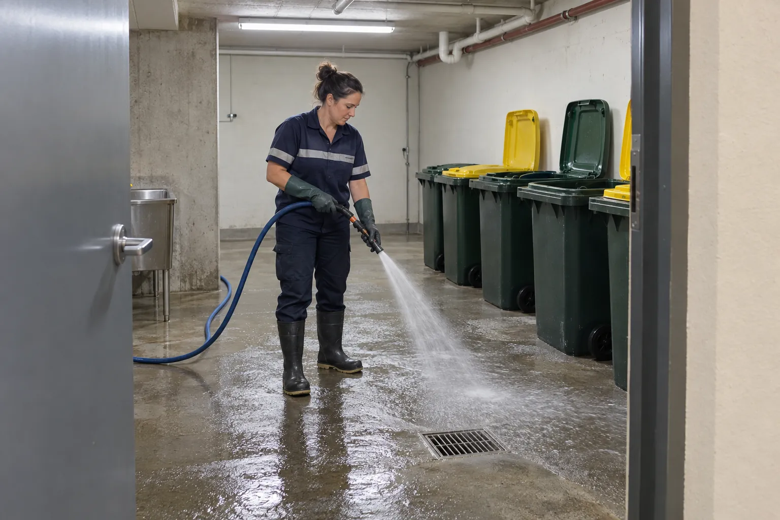 A cleaner in boots and gloves hosing down the floor of a basement bin room beside a row of empty wheelie bins.