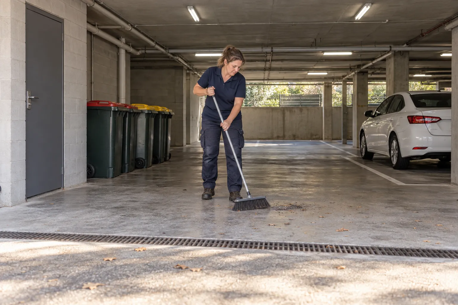 A caretaker sweeping the undercover car park of an apartment building beside the bins.