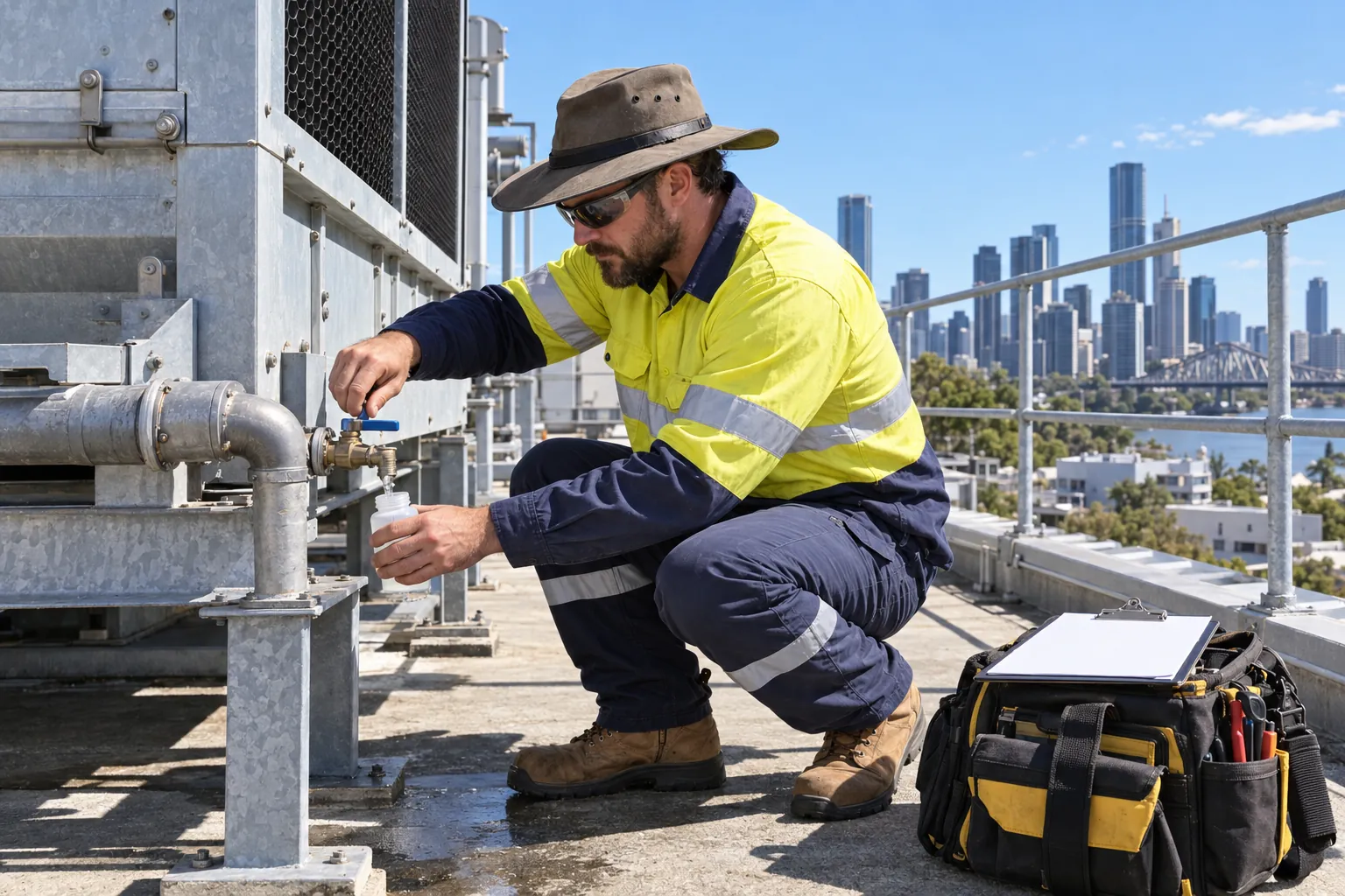 A technician in a hi-vis shirt and wide-brimmed hat taking a water sample from a cooling tower on an office roof.