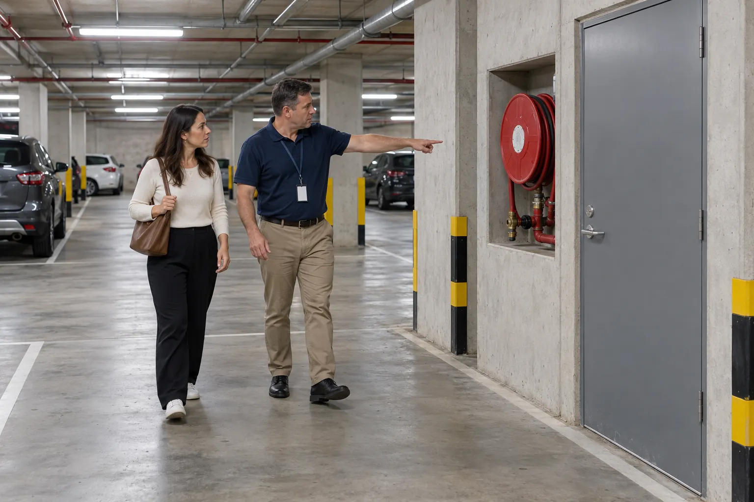 A building manager pointing out a fire hose reel to a resident while walking through an apartment building's basement car park.