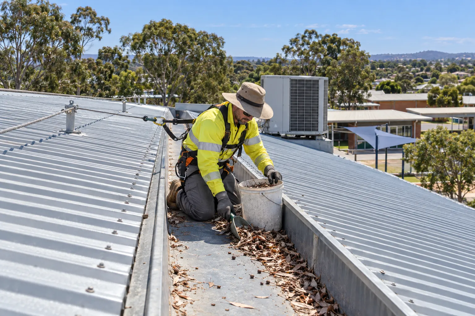 A maintenance worker in a harness clearing leaves from a box gutter on a school roof.