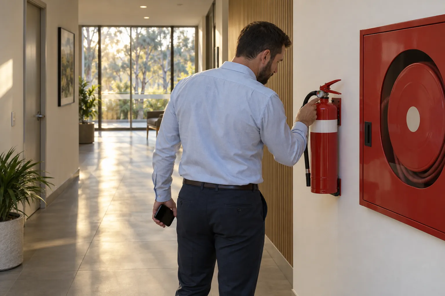 A building manager checking an extinguisher gauge beside a fire hose reel in an office corridor in the early morning.