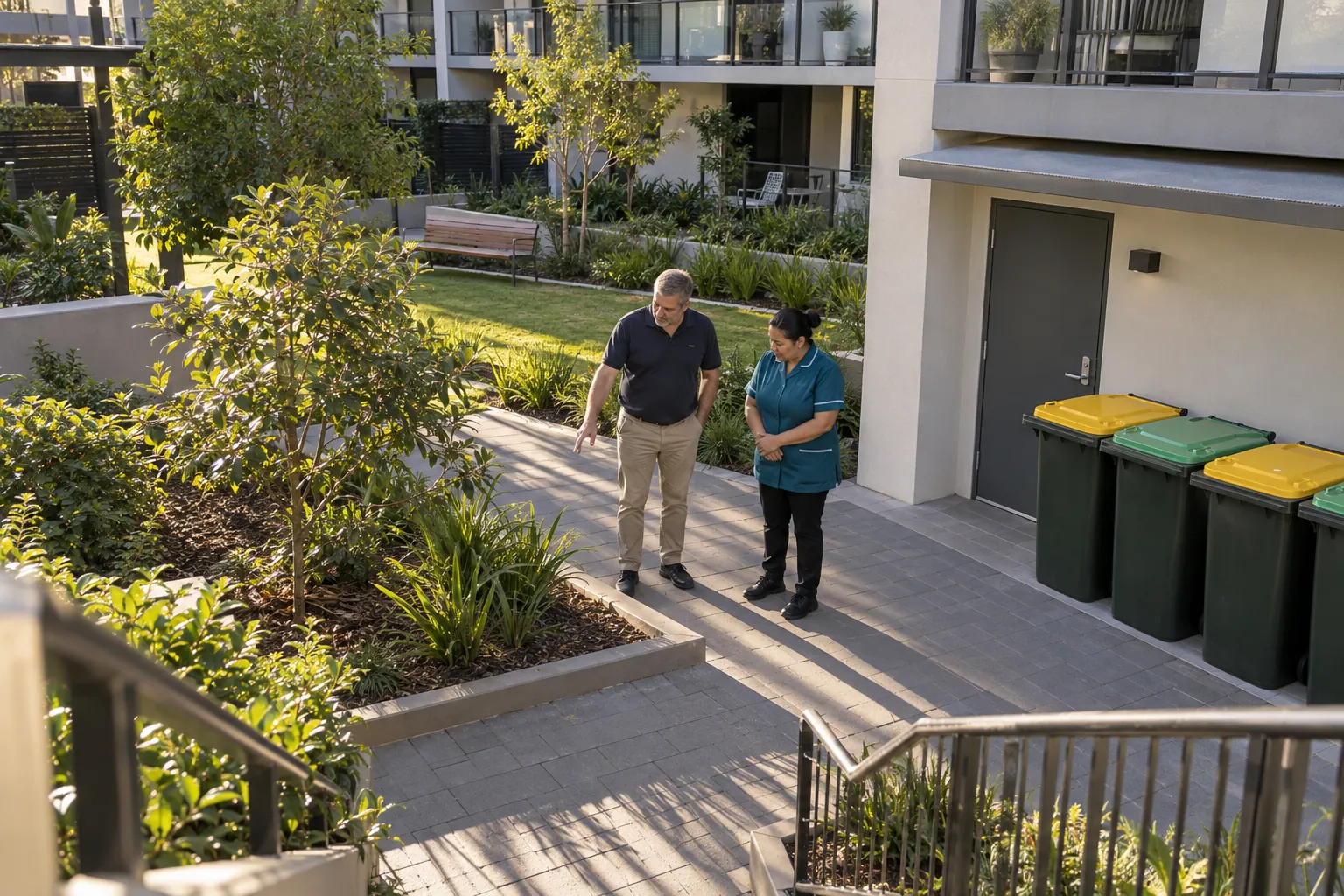 A building manager and a cleaner talking in the courtyard of an apartment building beside the bin room.