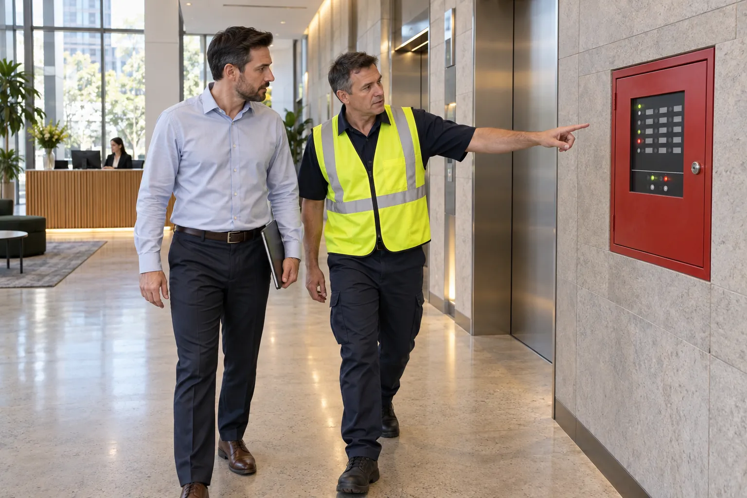 A building manager and a fire services technician walking past a fire indicator panel in an office tower lobby.