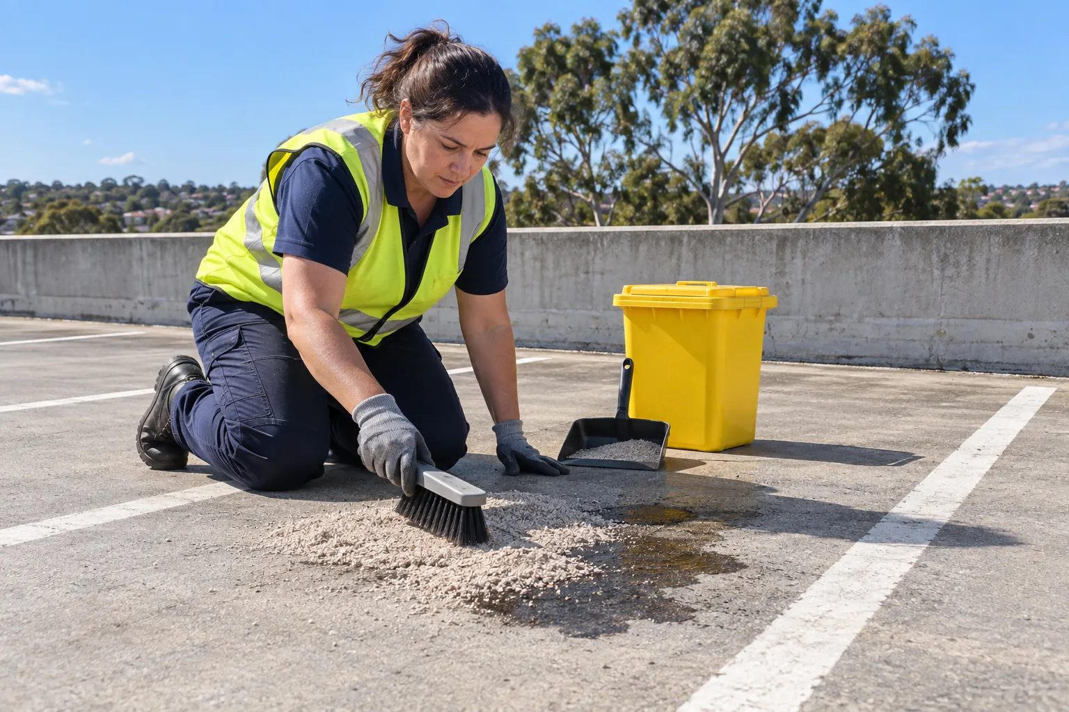 A cleaner kneeling to sweep absorbent over an oil stain in a rooftop car park bay in bright sun.