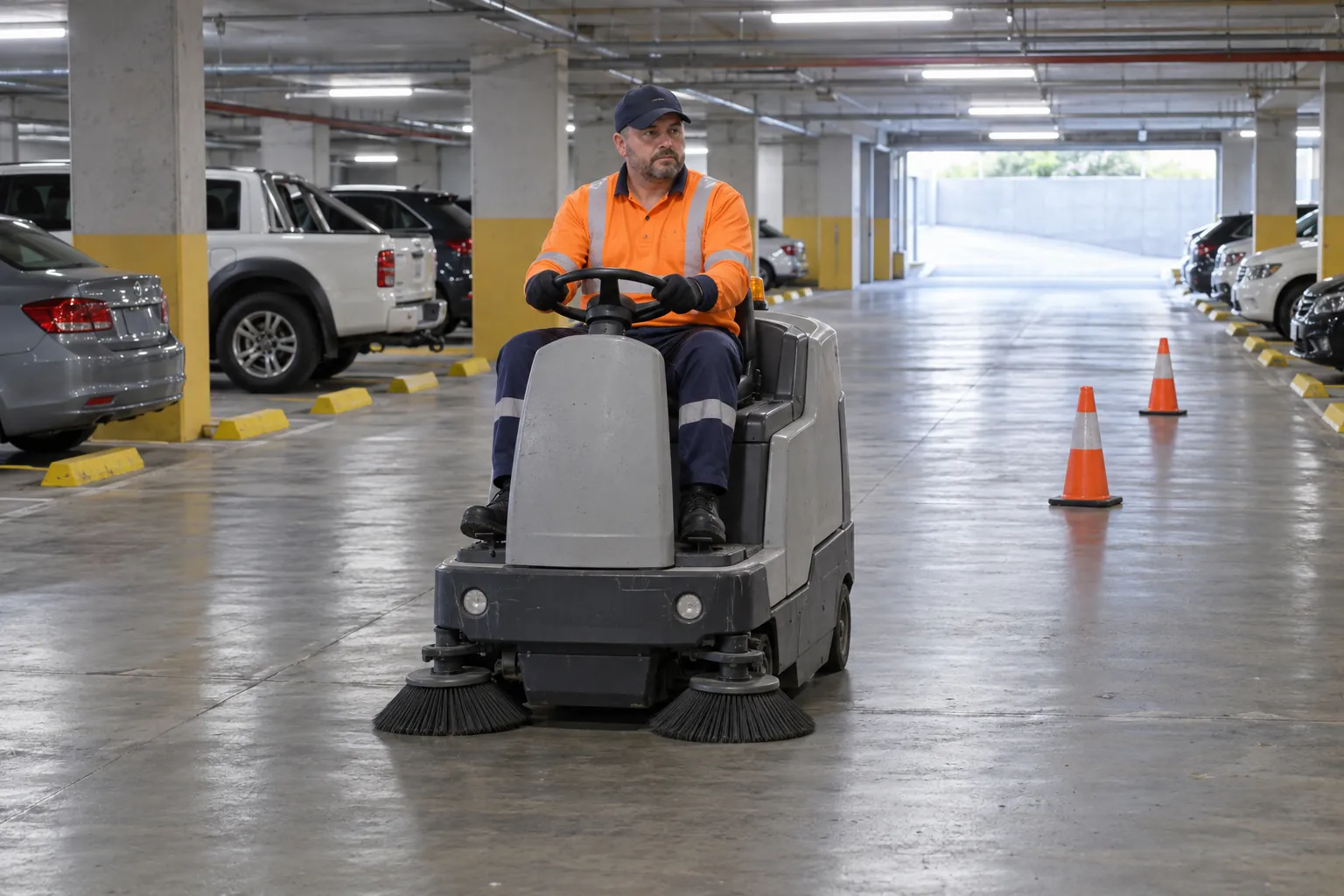 A cleaner in hi-vis driving a small ride-on sweeper along a basement car park aisle past parked cars and cones.