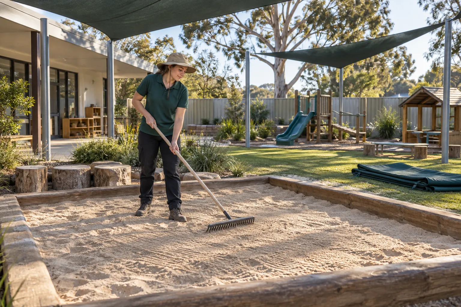 An educator raking a sandpit under shade sails in an empty early learning centre yard in early morning light, the sandpit cover folded beside it.