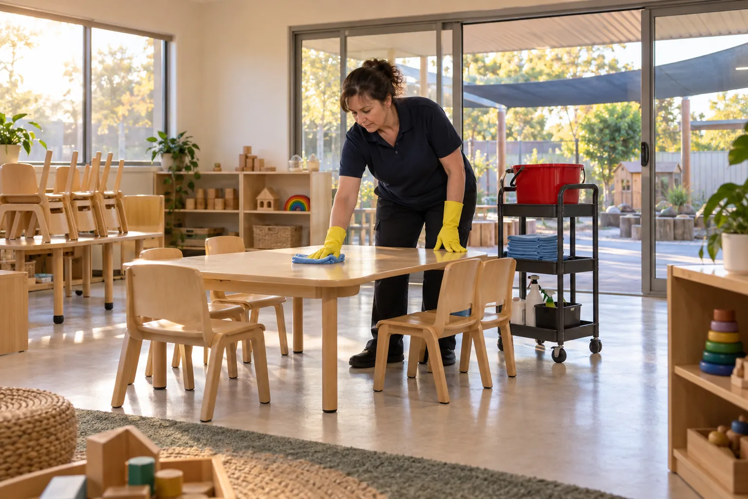A cleaner in yellow gloves wiping a low table in an empty childcare playroom after close, with a trolley of colour-coded cloths beside her.