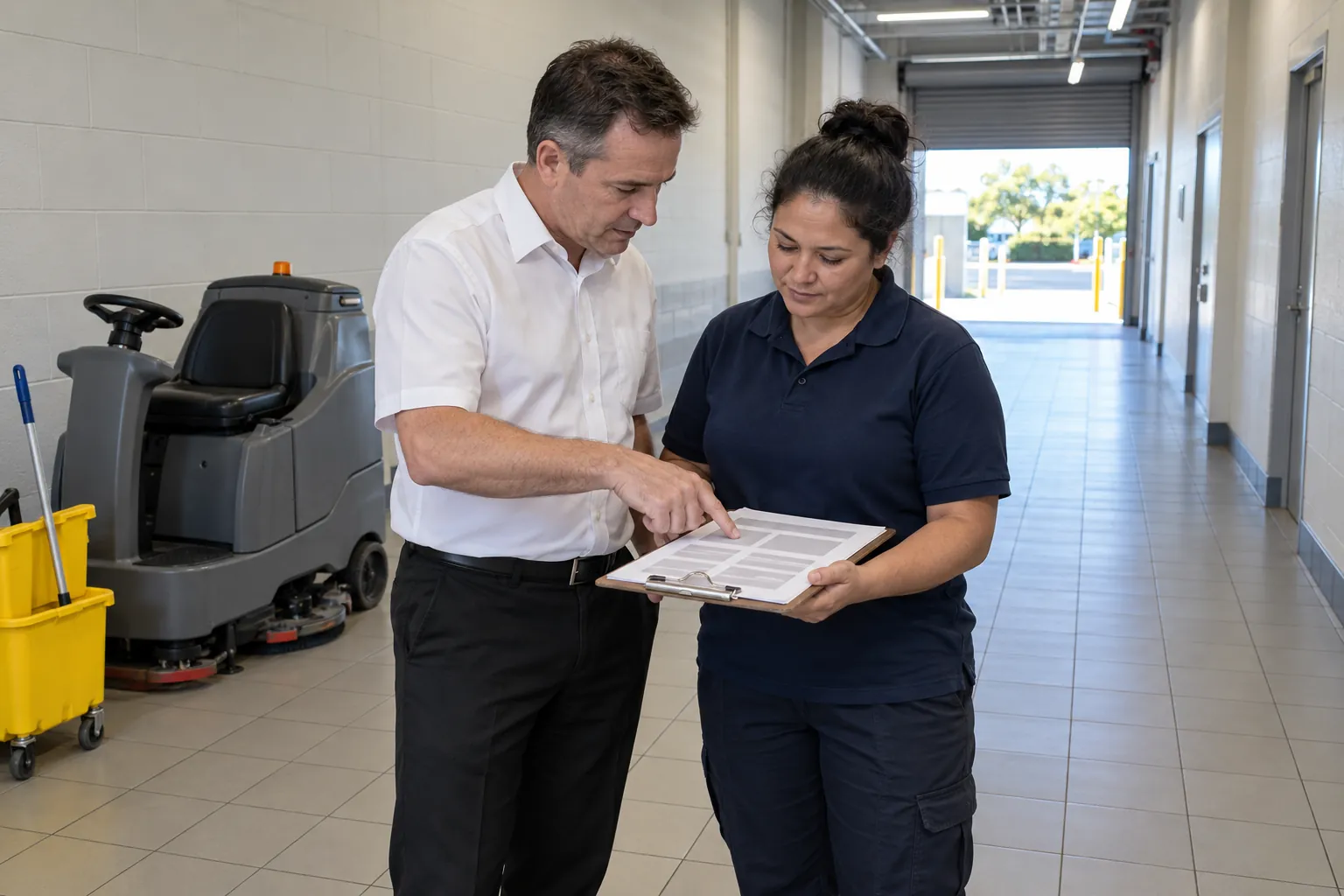 A building manager and a cleaning supervisor comparing papers on a clipboard in a shopping centre service corridor, with a floor scrubber nearby.