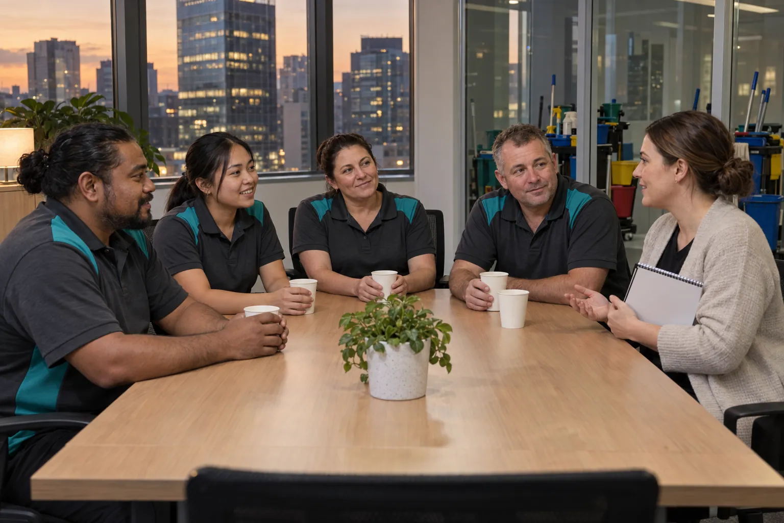 A group of cleaners in work polos talking with a woman holding a notepad around a meeting room table in an office building at dusk.
