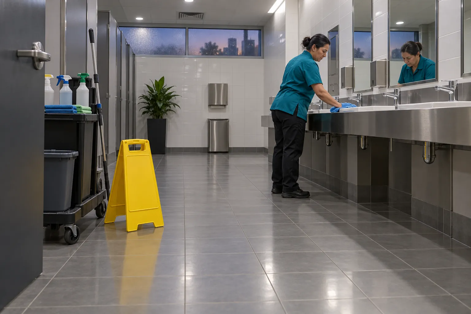 A cleaner wiping a stainless steel basin bench in an office bathroom, with a cleaning trolley and a wet floor sign nearby.