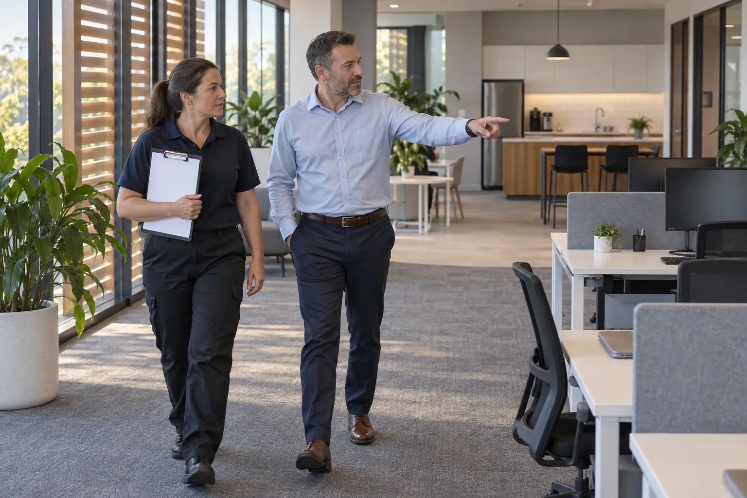 A facility manager and a cleaning contract manager walking through an empty open-plan office together, one holding a clipboard.