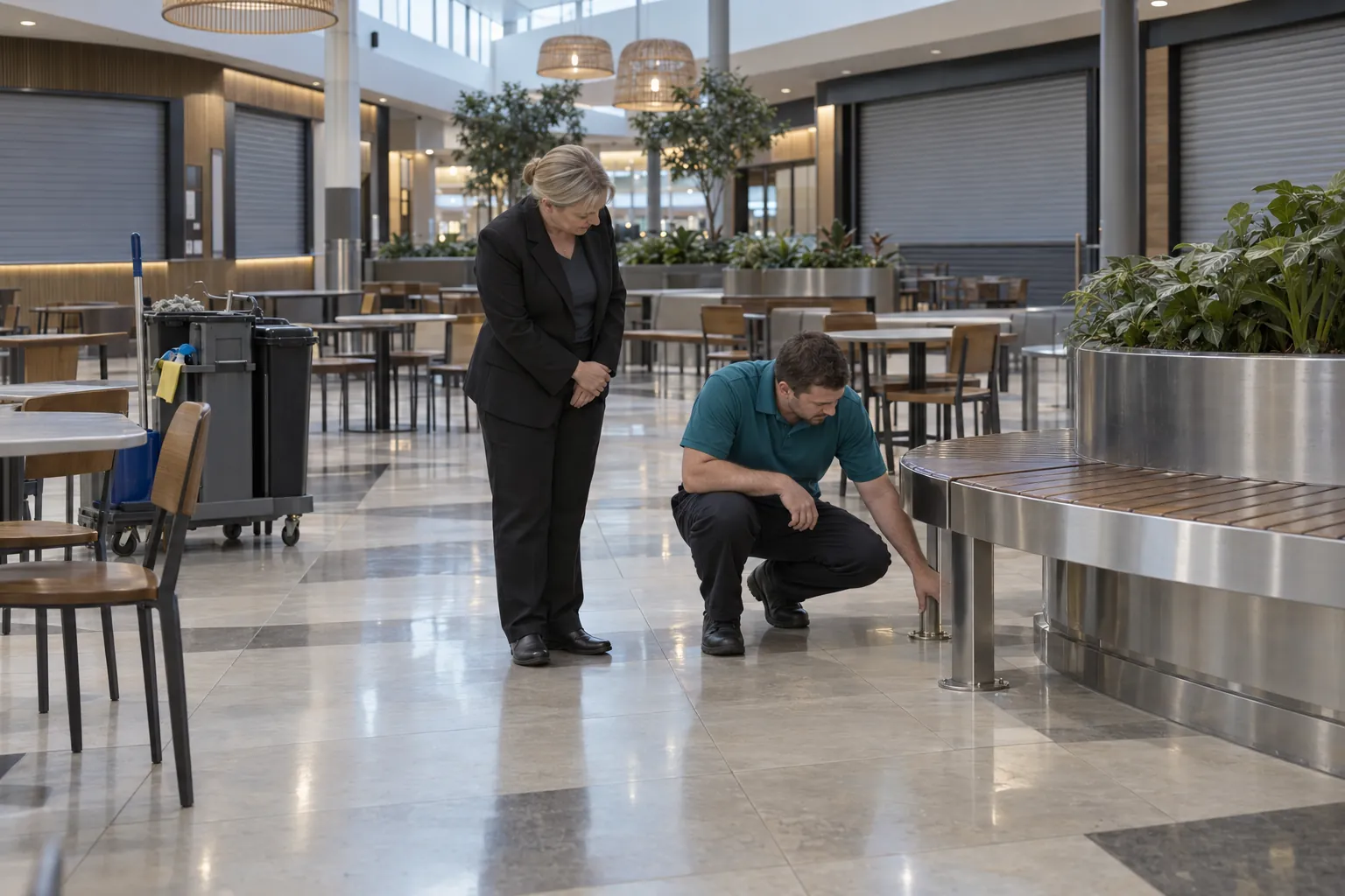 A cleaning supervisor crouching to inspect a food court bench seat while a centre manager stands beside him, before the shopping centre opens.