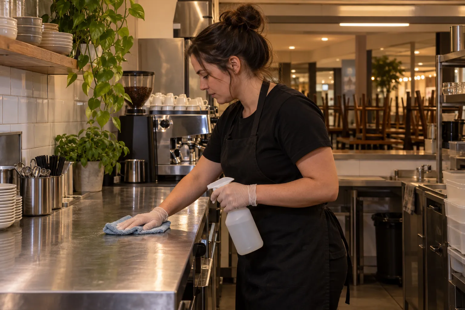 A café worker in gloves wiping down a stainless steel bench after close, with chairs stacked in the empty café behind.