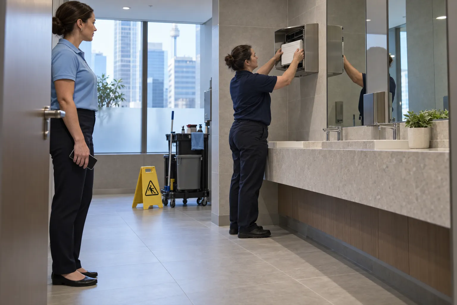 A cleaner refilling a paper towel dispenser in an office amenities room while a supervisor looks over the basins from the doorway.