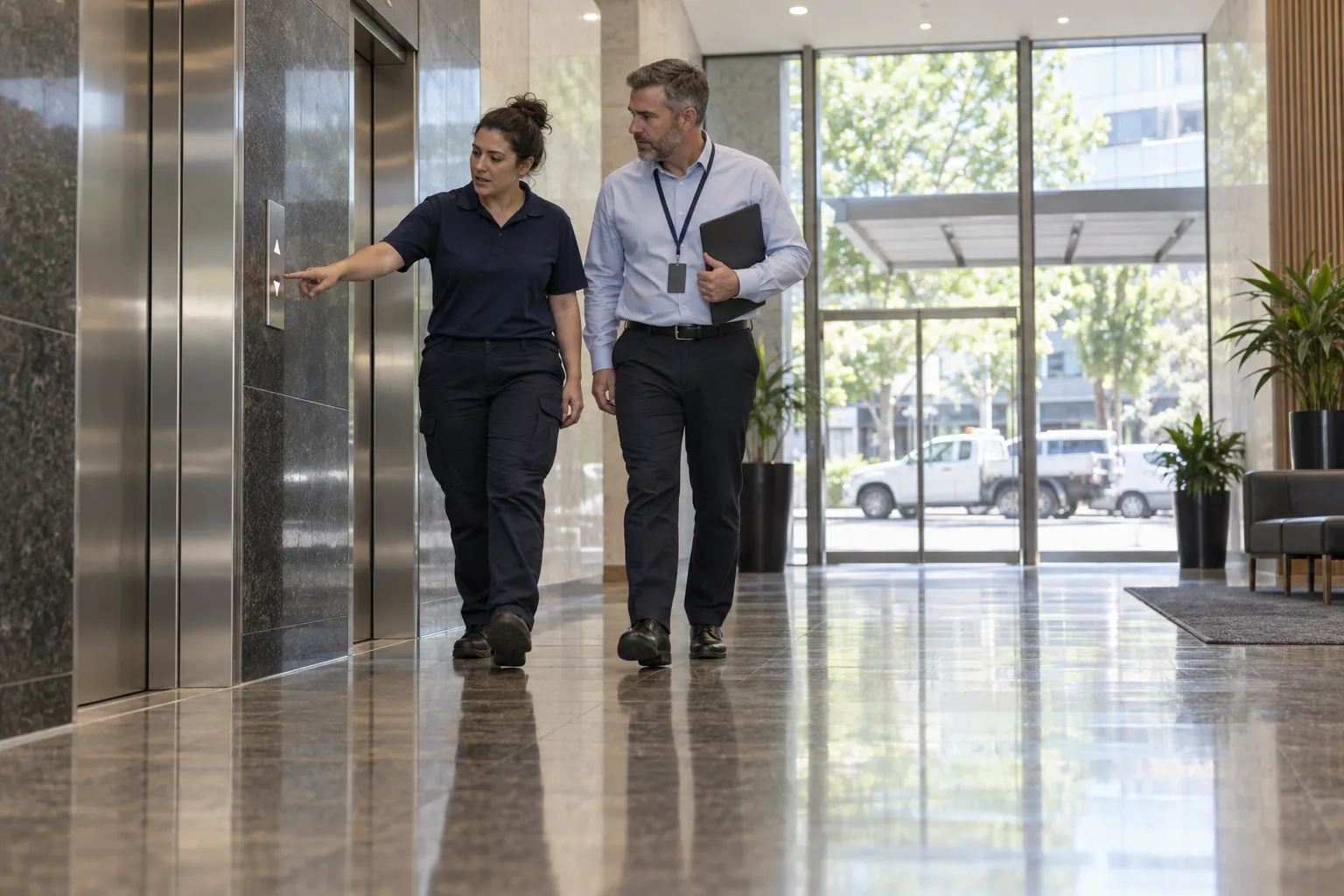 A cleaning supervisor pointing out a lift button panel to a facility manager in a bright office lift lobby.