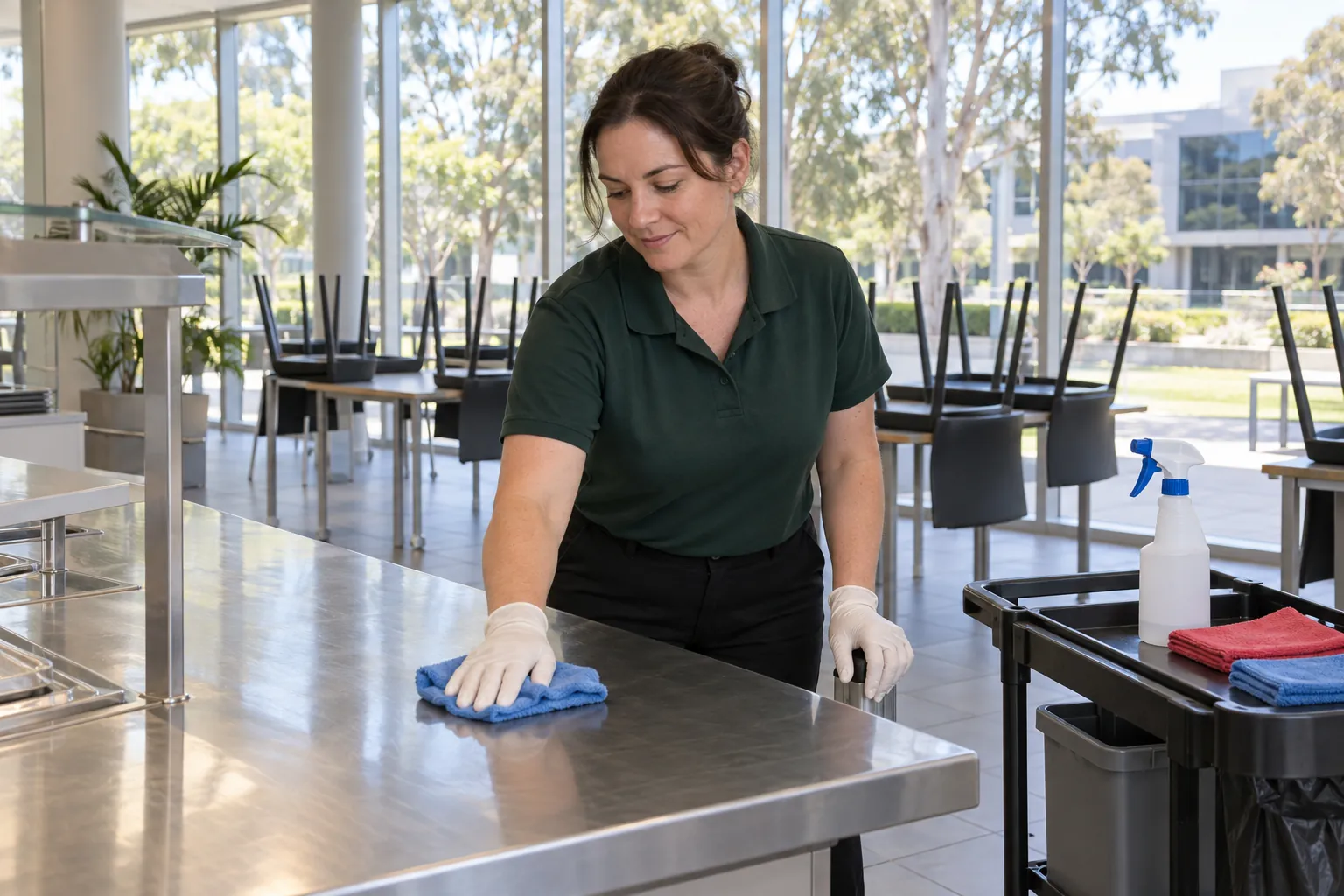 A cleaner in gloves wiping a stainless steel servery bench in an empty staff café, with a cleaning trolley beside her.