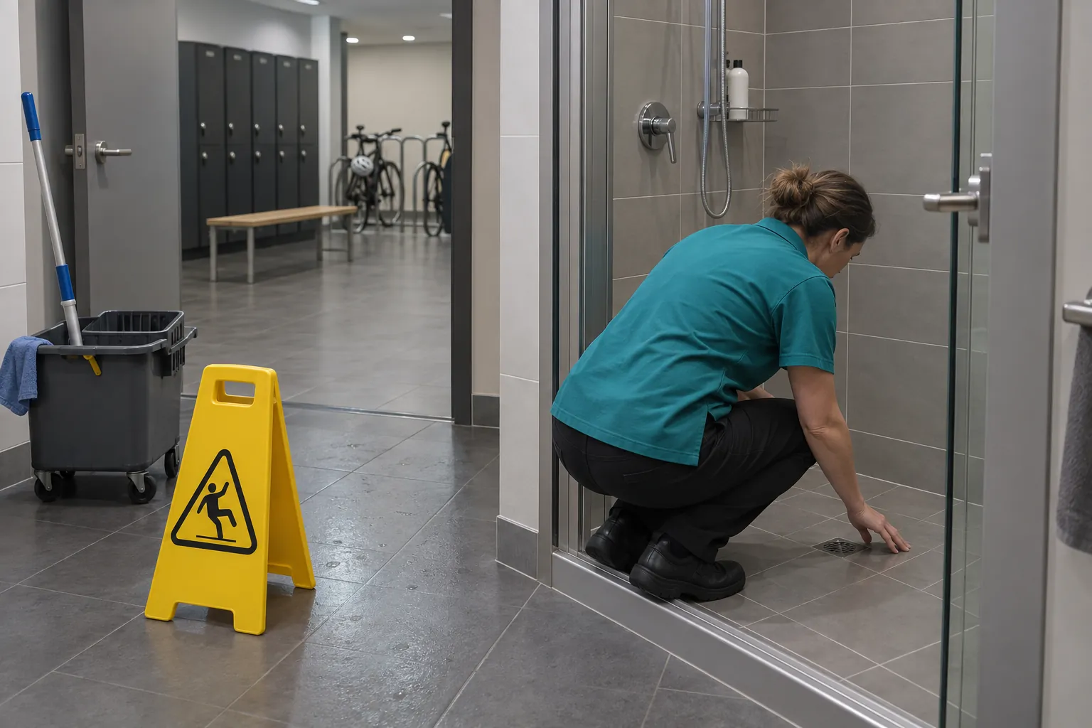 A cleaning supervisor crouching to inspect a shower cubicle in an office end of trip room, with lockers and a mop bucket behind.