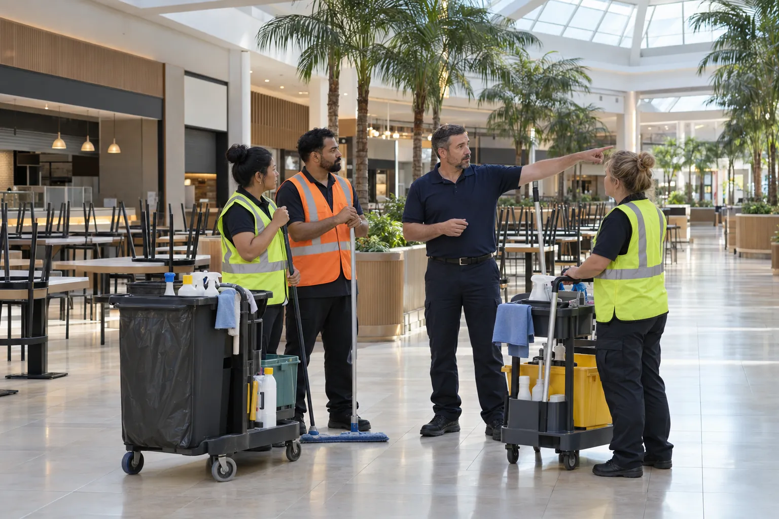 A cleaning supervisor briefing three cleaners beside their trolleys in an empty shopping centre food court early in the morning.