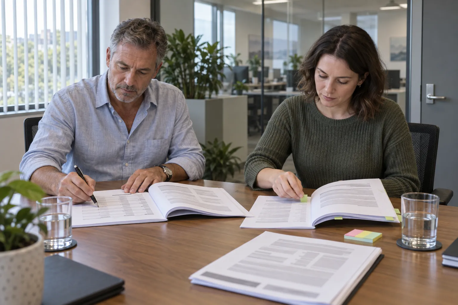 Two evaluators at a meeting-room table marking printed tender documents and scoring sheets, an open-plan office visible through the glass.