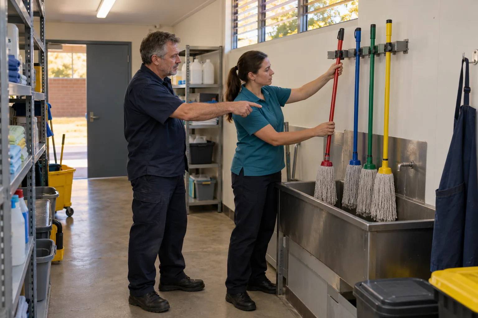 A cleaning supervisor and a cleaner hanging colour-coded mops on a wall rack above a sink in a school cleaner's store room.