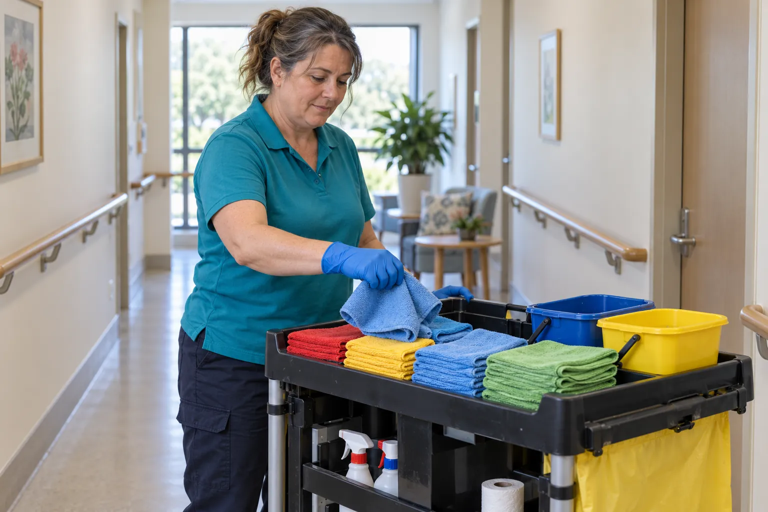 A cleaner taking a blue cloth from a trolley stacked with red, yellow, blue and green cloths in an aged care corridor.