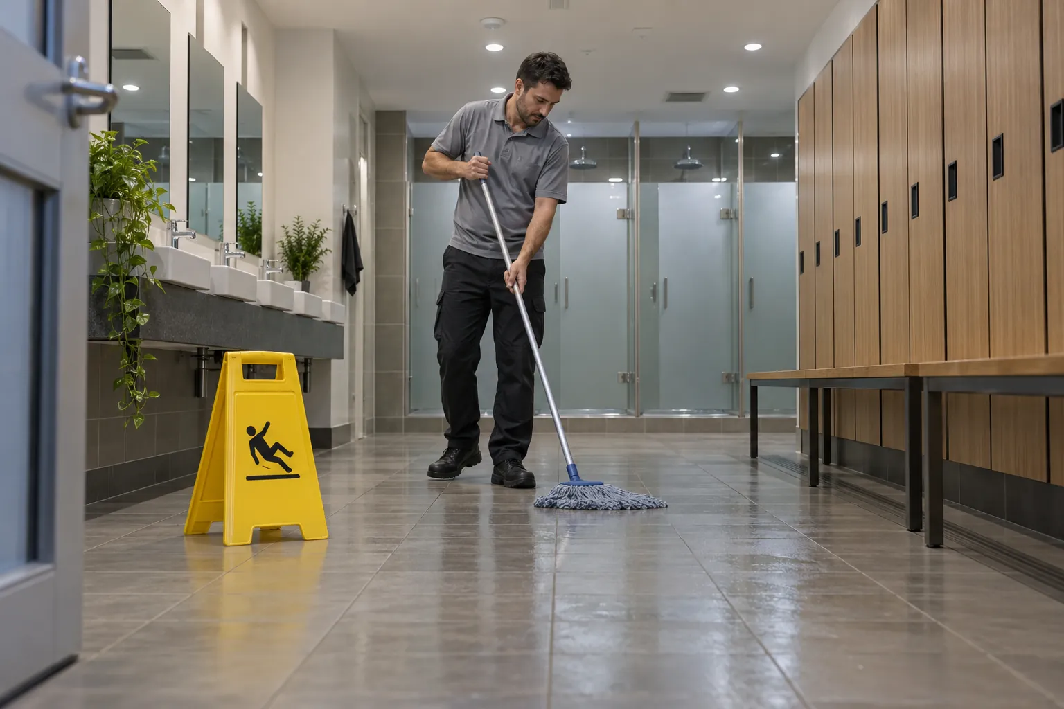 A cleaner mopping the tiled floor of a change room with lockers and shower screens, a wet floor sign beside him.