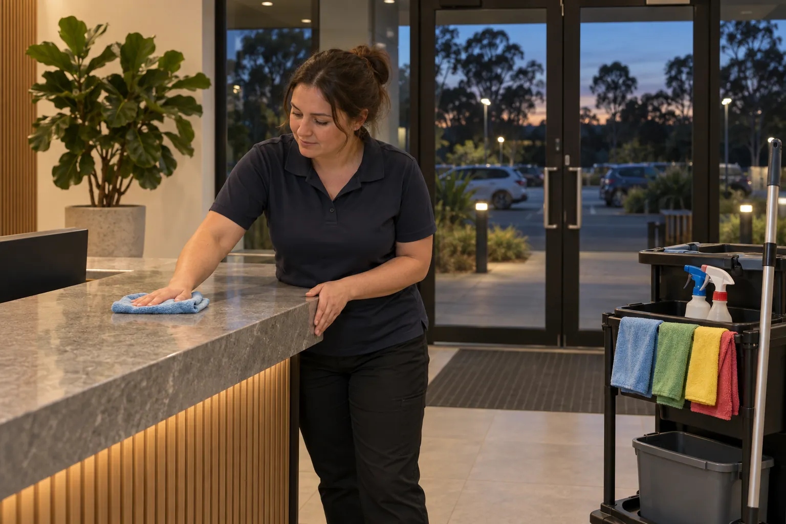 A cleaner wiping a reception desk in an office foyer in the evening, with a cleaning trolley beside her and glass entrance doors behind.