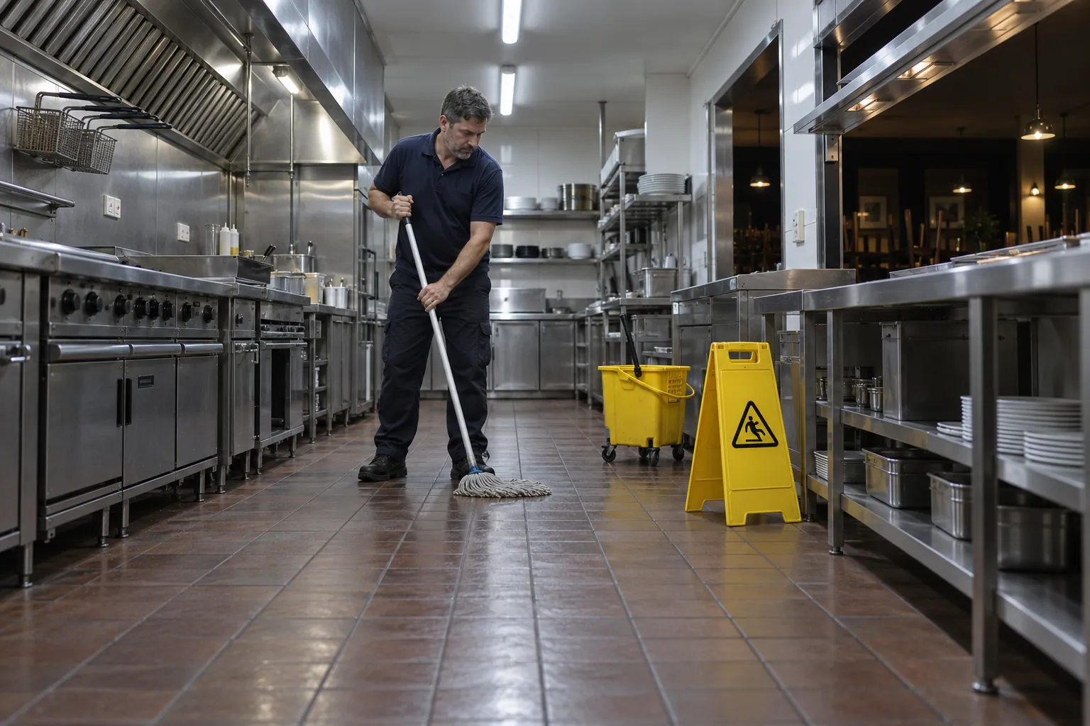 A cleaner mopping the tiled floor of a closed pub kitchen at night beside a yellow wet-floor sign and a clean stainless cooking line.
