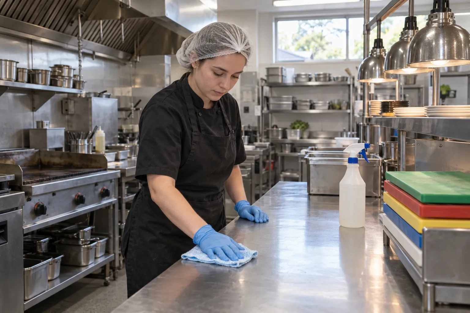 A kitchen hand in gloves and an apron wiping down a stainless steel preparation bench in a café kitchen after lunch service.