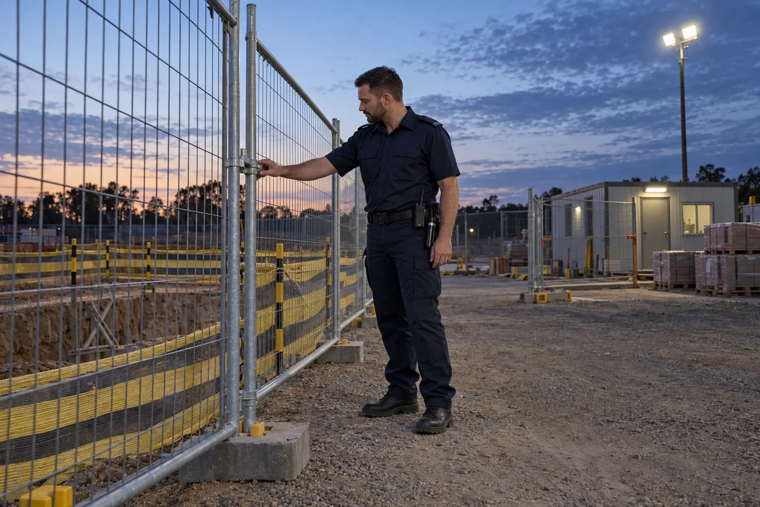 A security officer checking fence panel clamps beside a barricaded trench on an empty building site at dusk.