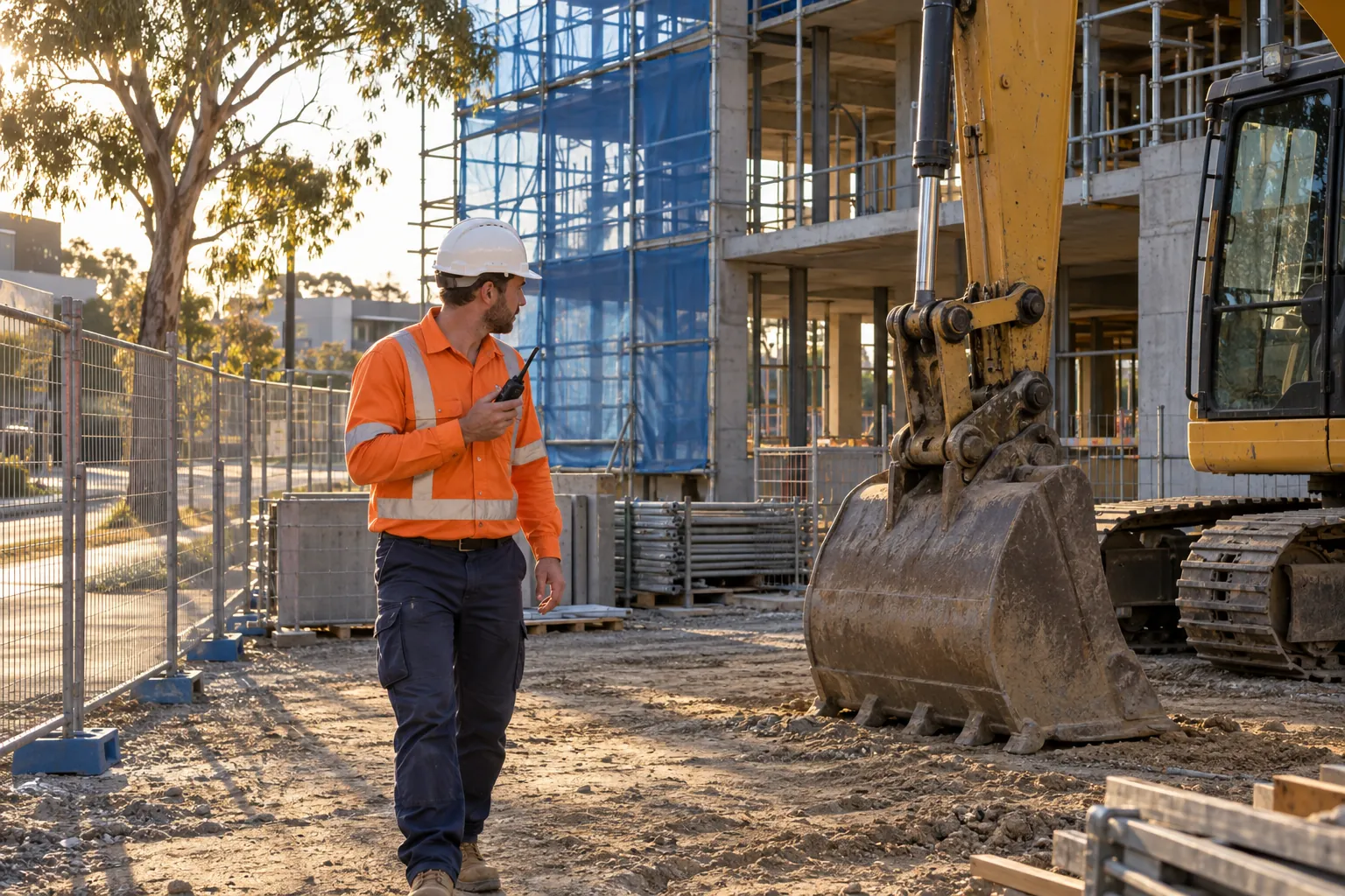 A site supervisor walking a building site at the end of the day beside a parked excavator with its bucket lowered.