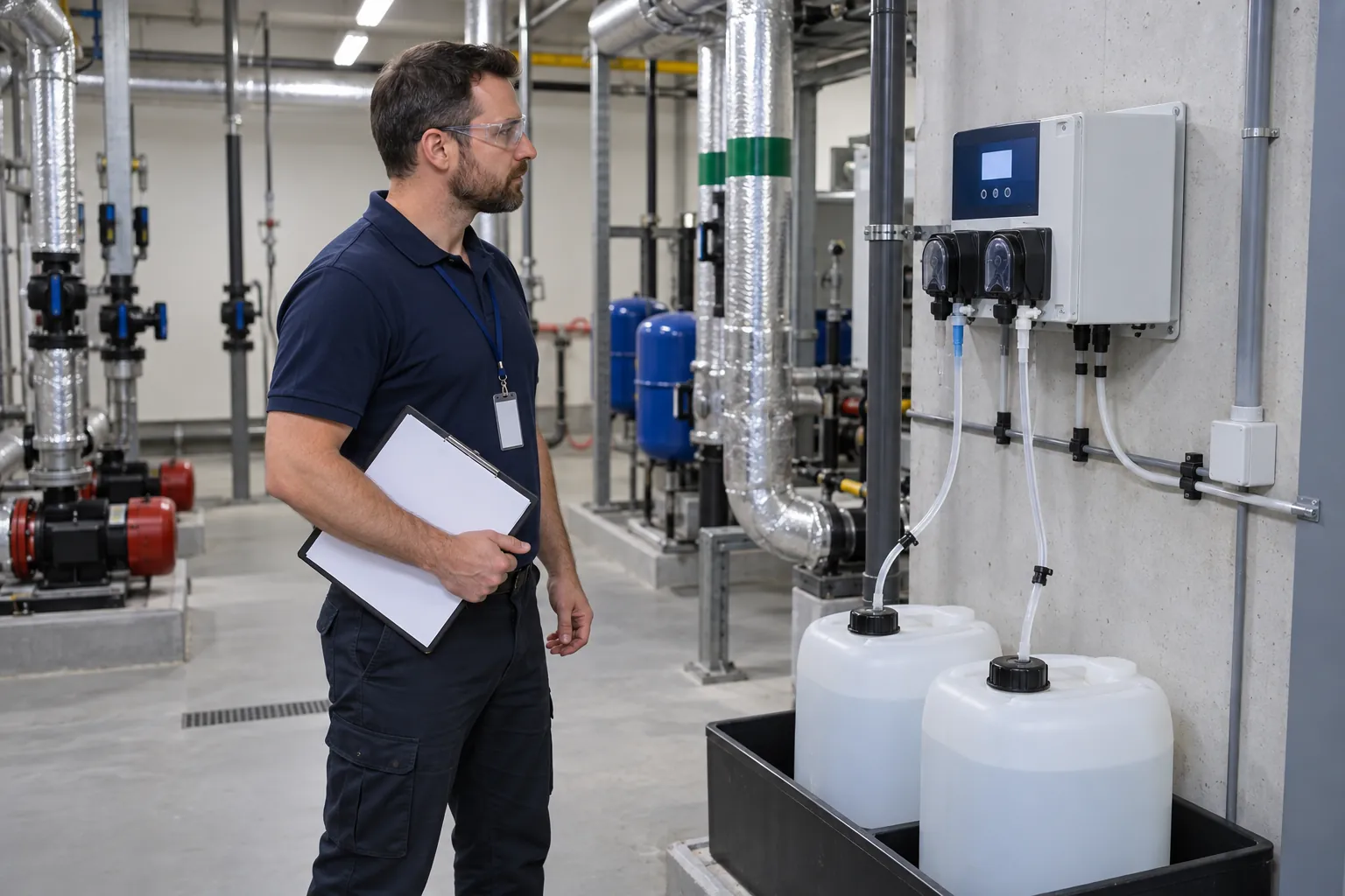 A maintenance officer checking a wall-mounted dosing unit above two plastic drums in a basement plant room.