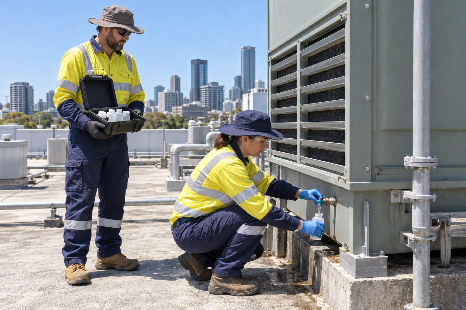 A technician in hi-vis taking a water sample from the base of a rooftop cooling tower while a colleague holds an open case.